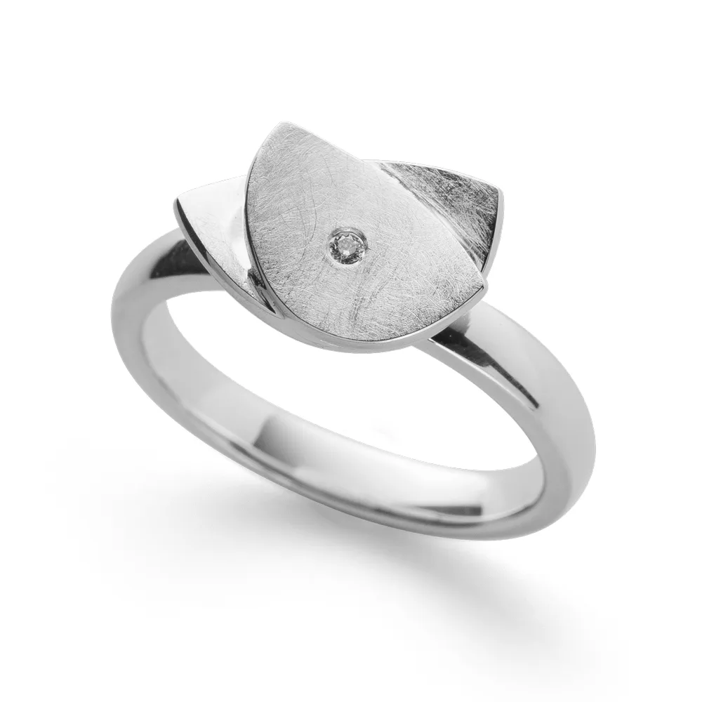 Bastian silver matt finish double leaf design ring set with a single diamond weighing 0.02ct.