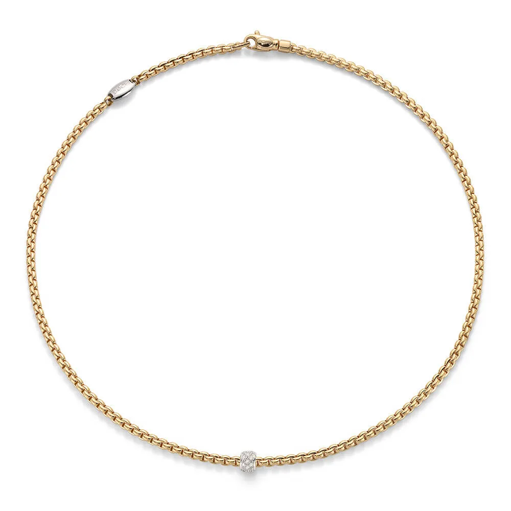 fope eka tiny 18ct yellow and white gold necklet with pave set diamond centre bead 730c pave