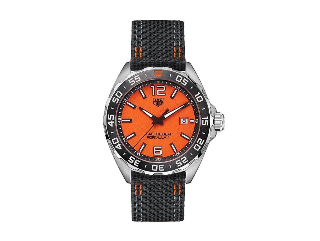 TAG Heuer Formula1 quartz wrist watch with orange dial and fabric strap. Walker Luxury Jeweller