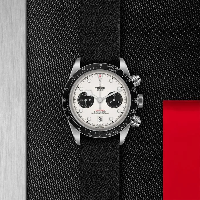 tudor black bay chrono with opaline dial black counters on black fabric strap m79360n 0008