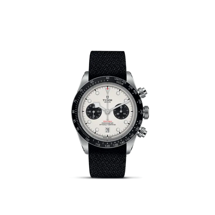 tudor black bay chrono with opaline dial black counters on black fabric strap m79360n 0008