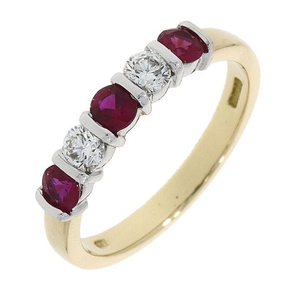 18ct yellow and white gold five stone ruby and diamond eternity ring bar set.