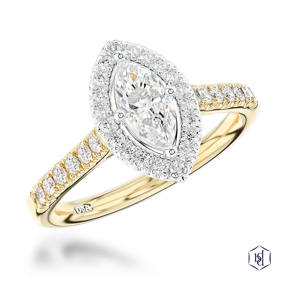 marquise cut diamond in a 18ct yellow gold shank and platinum head cluster diamond band