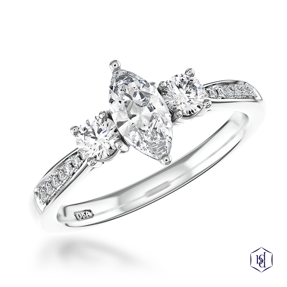 marquise cut diamond in a platinum three stone diamond band