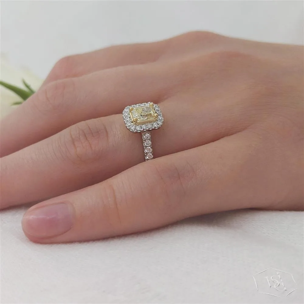 radiant cut yellow diamond in a platinum shank and18ct yellow gold head cluster diamond band