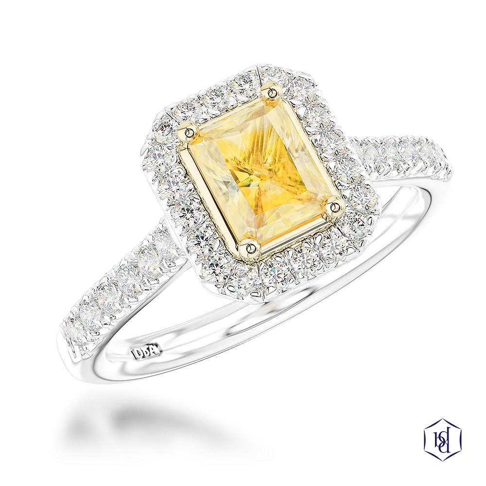 radiant cut yellow diamond in a platinum shank and18ct yellow gold head cluster diamond band