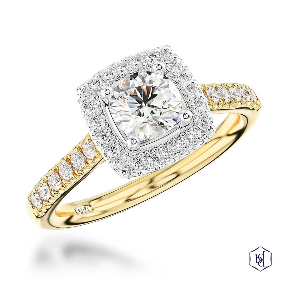 round brilliant cut diamond in a 18ct yellow gold shank and platinum head cluster diamond band