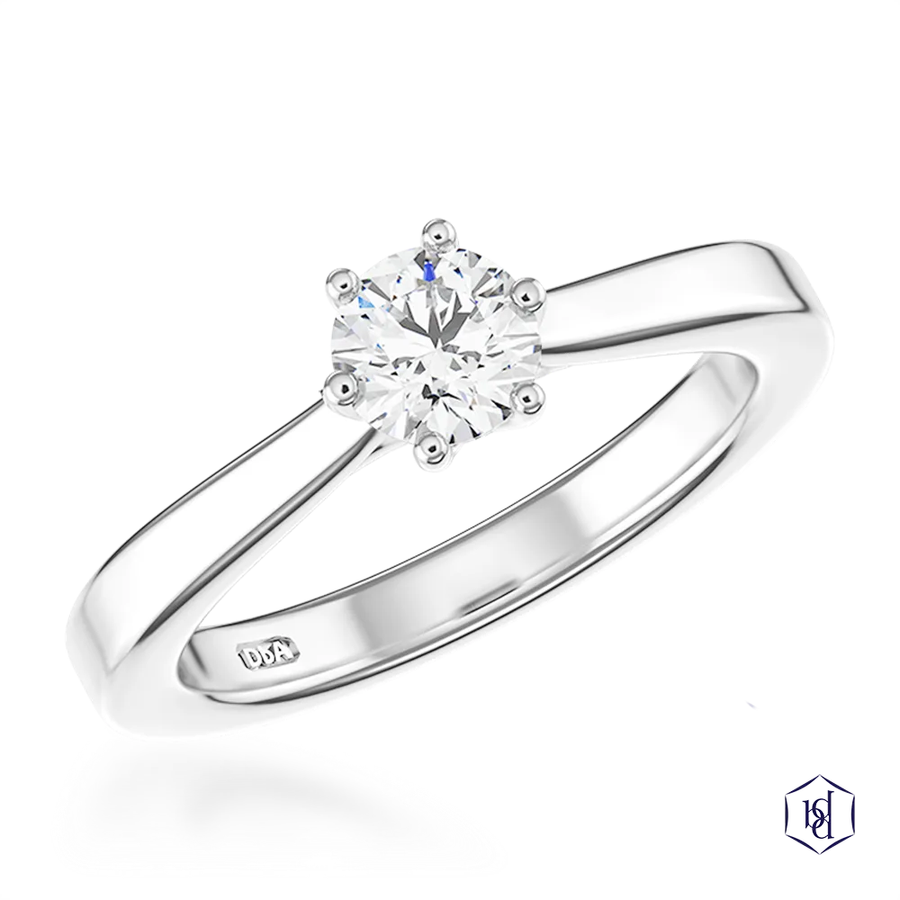 round brilliant cut diamond in a platinum solitaire plain band