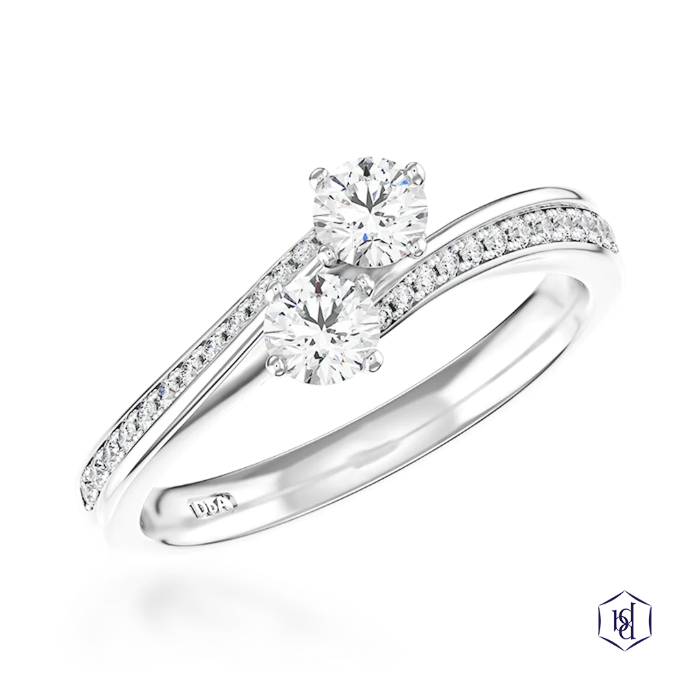 round brilliant cut diamond in a platinum two stone diamond band