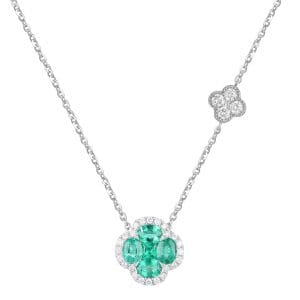 18ct white gold Alhambra style emerald and diamond necklet