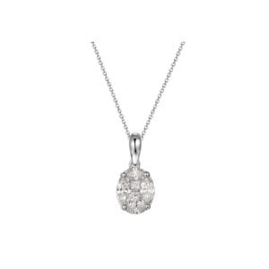 18ct white gold oval diamond shaped cluster pendant attached to an 18ct white gold chain