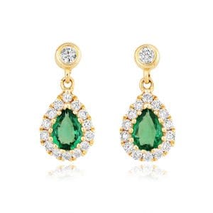 18ct yellow gold emerald and diamond pear shaped cluster drop earrings