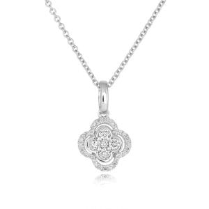 18ct white gold Alahambra shaped diamond cluster pendant and chain