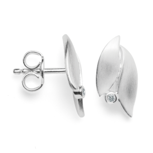 Bastian silver double satin leaf stud earring with a single diamond