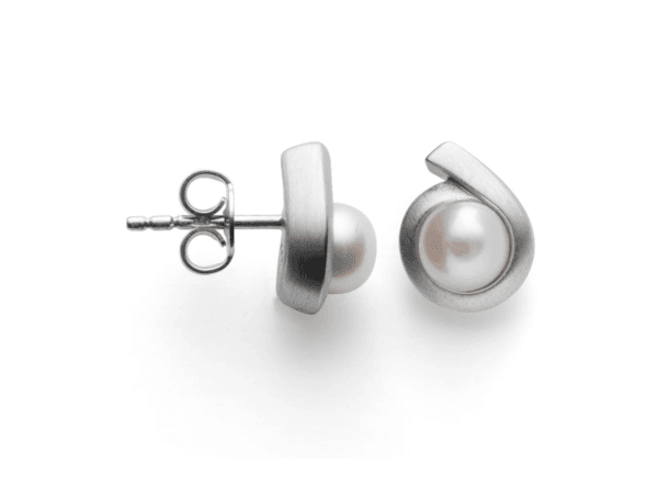 Bastian silver pearl stud earrings with satin finish