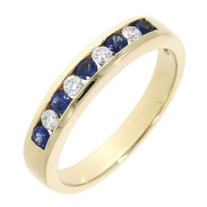 18ct yellow gold princess cut sapphire and diamond channel set eternity ring
