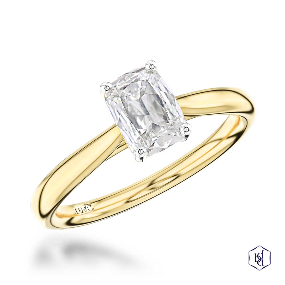 cushion cut diamond in a 18ct yellow gold shank and platinum head solitaire plain band