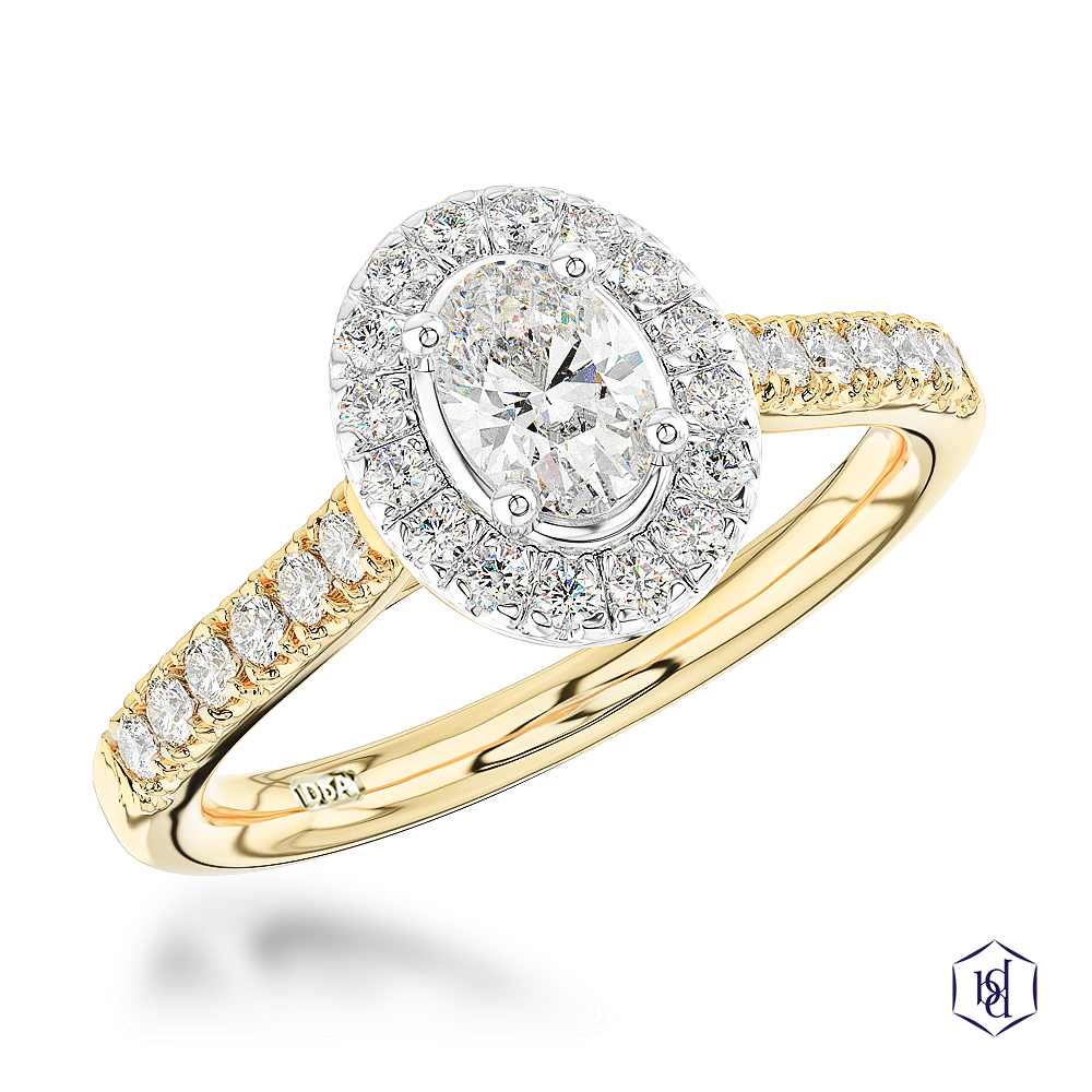oval cut diamond in a 18ct yellow gold shank and platinum head cluster diamond band
