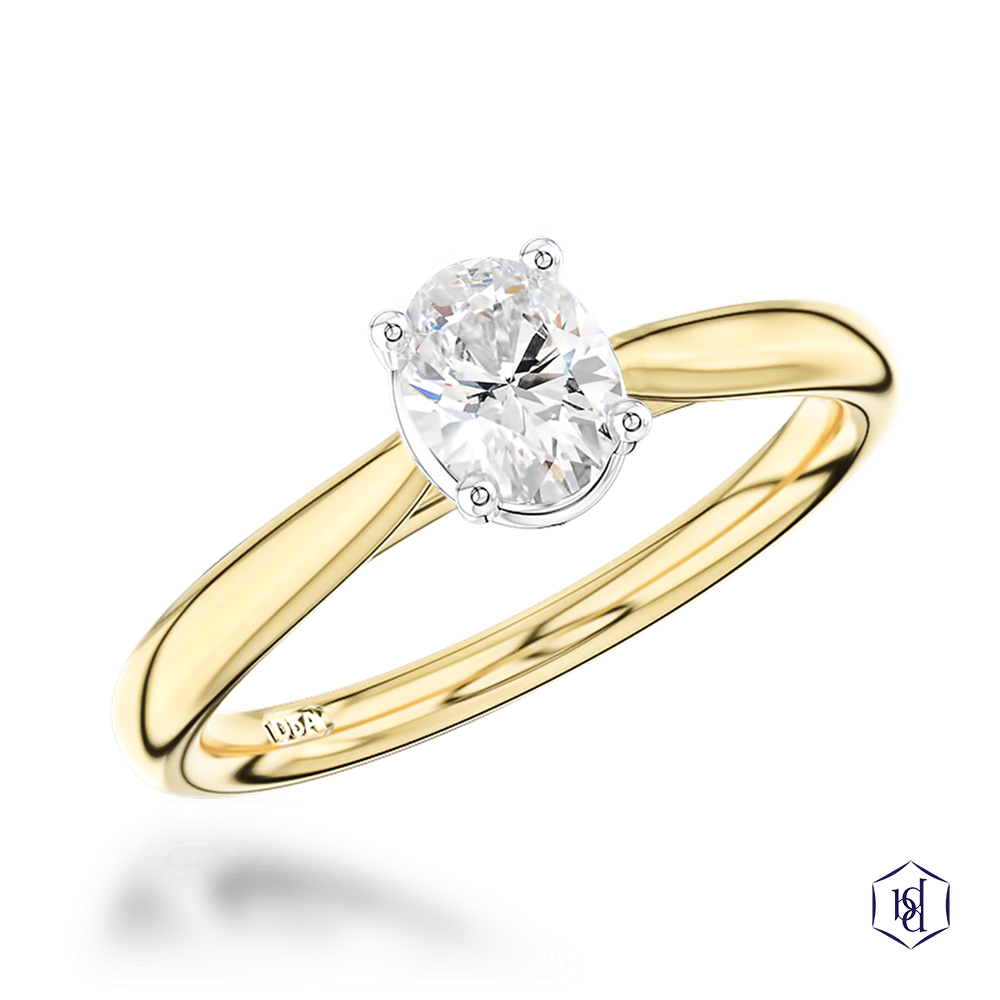 oval cut diamond in a 18ct yellow gold shank and platinum head solitaire plain band