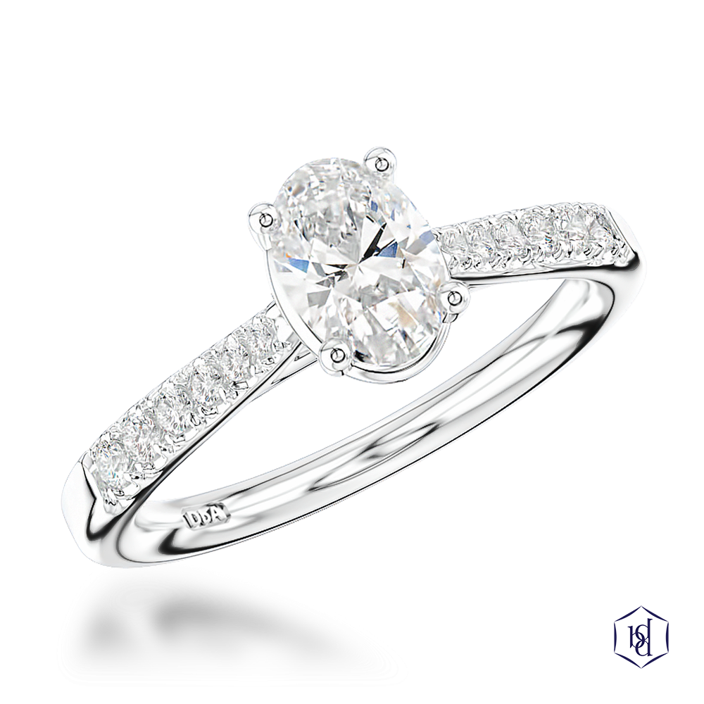 oval cut diamond in a platinum solitaire diamond band