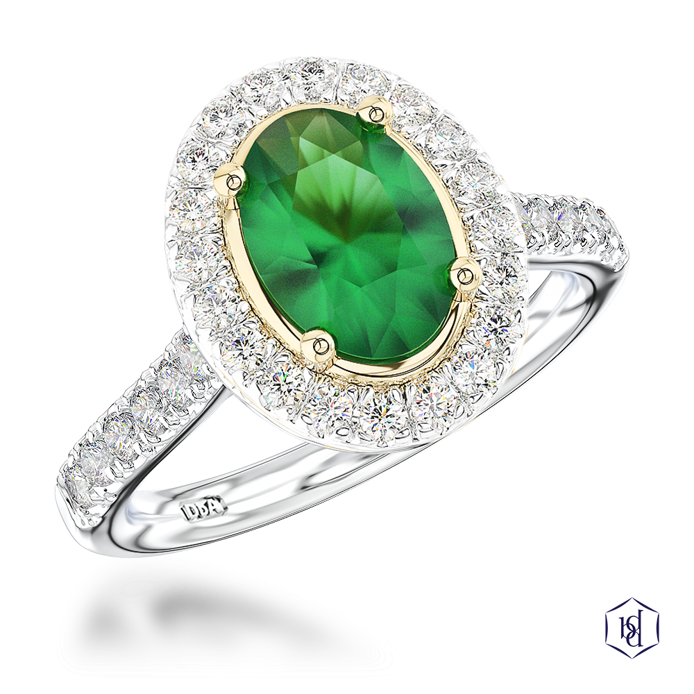 oval cut emerald in a platinum shank and18ct yellow gold head cluster diamond band