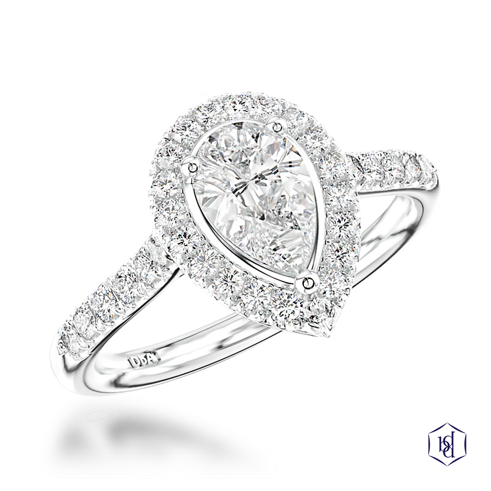pear shape cut diamond in a platinum cluster diamond band