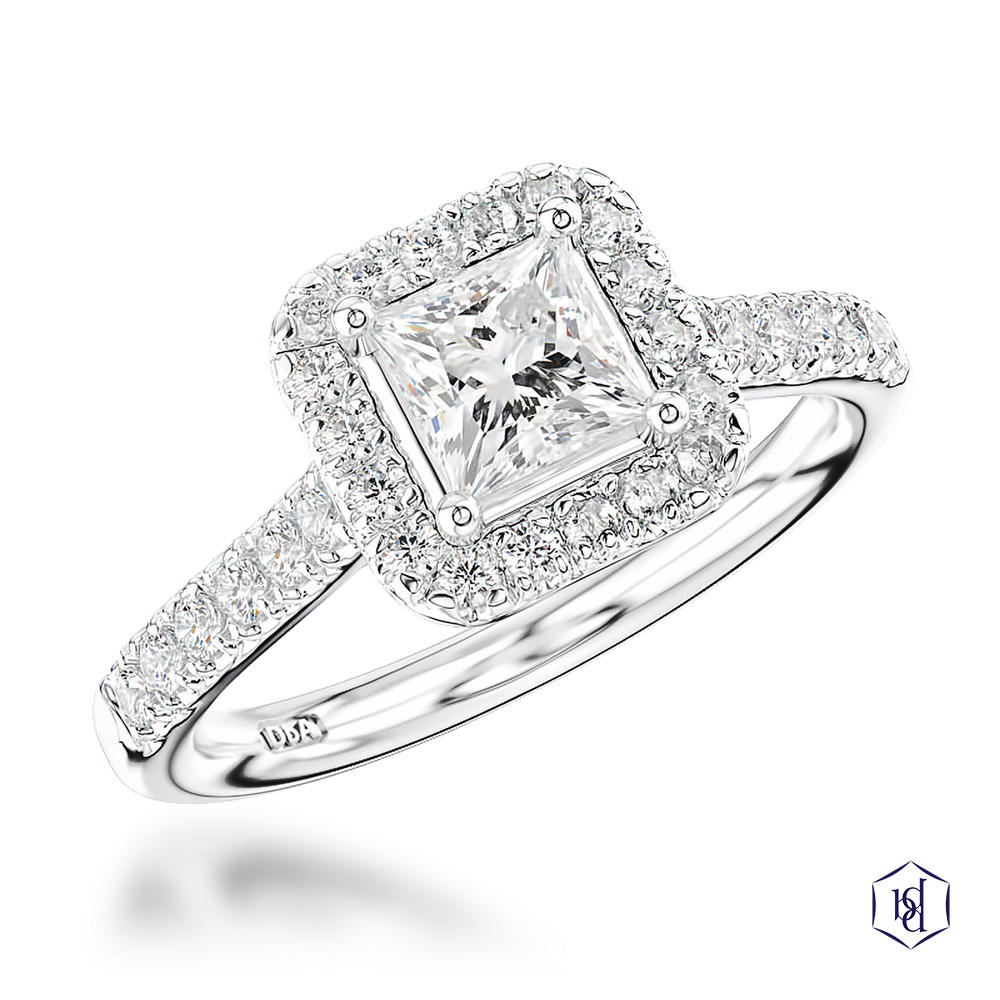 princess cut diamond in a platinum cluster diamond band