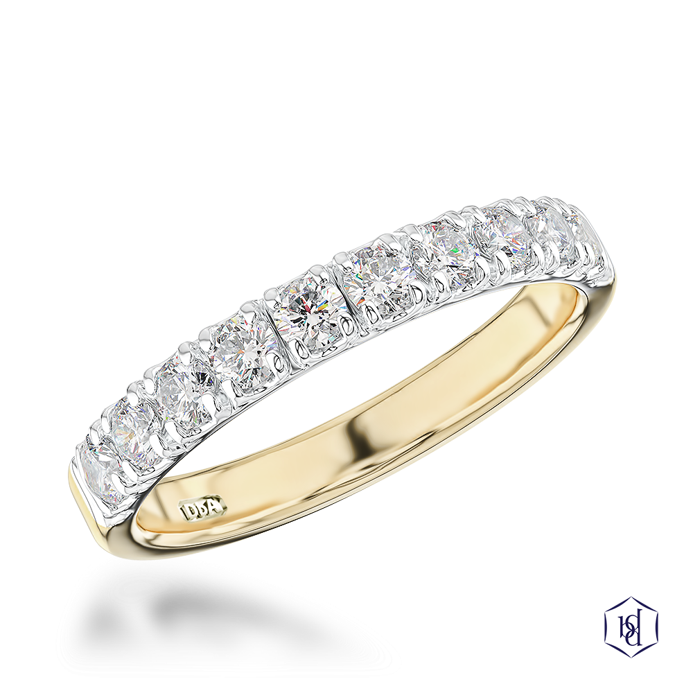 round brilliant cut diamond in a 18ct yellow gold shank and platinum head bridal diamond band