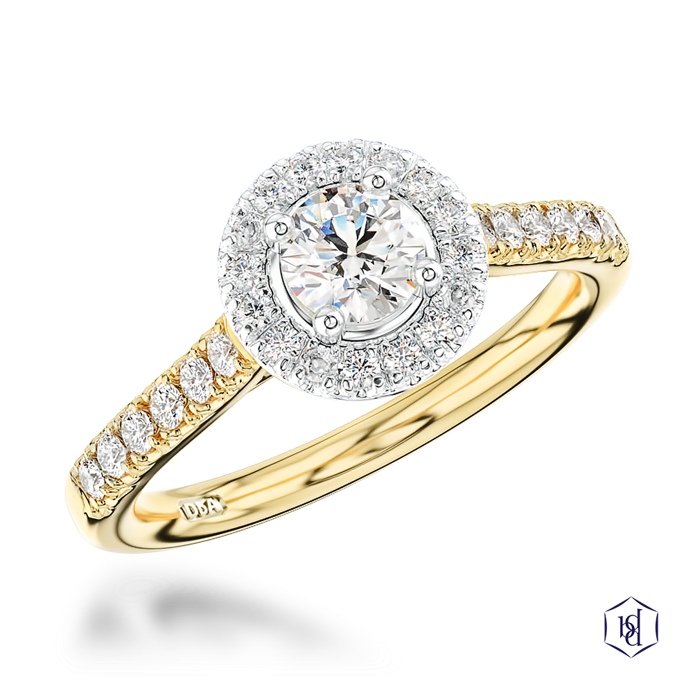 round brilliant cut diamond in a 18ct yellow gold shank and platinum head cluster diamond band