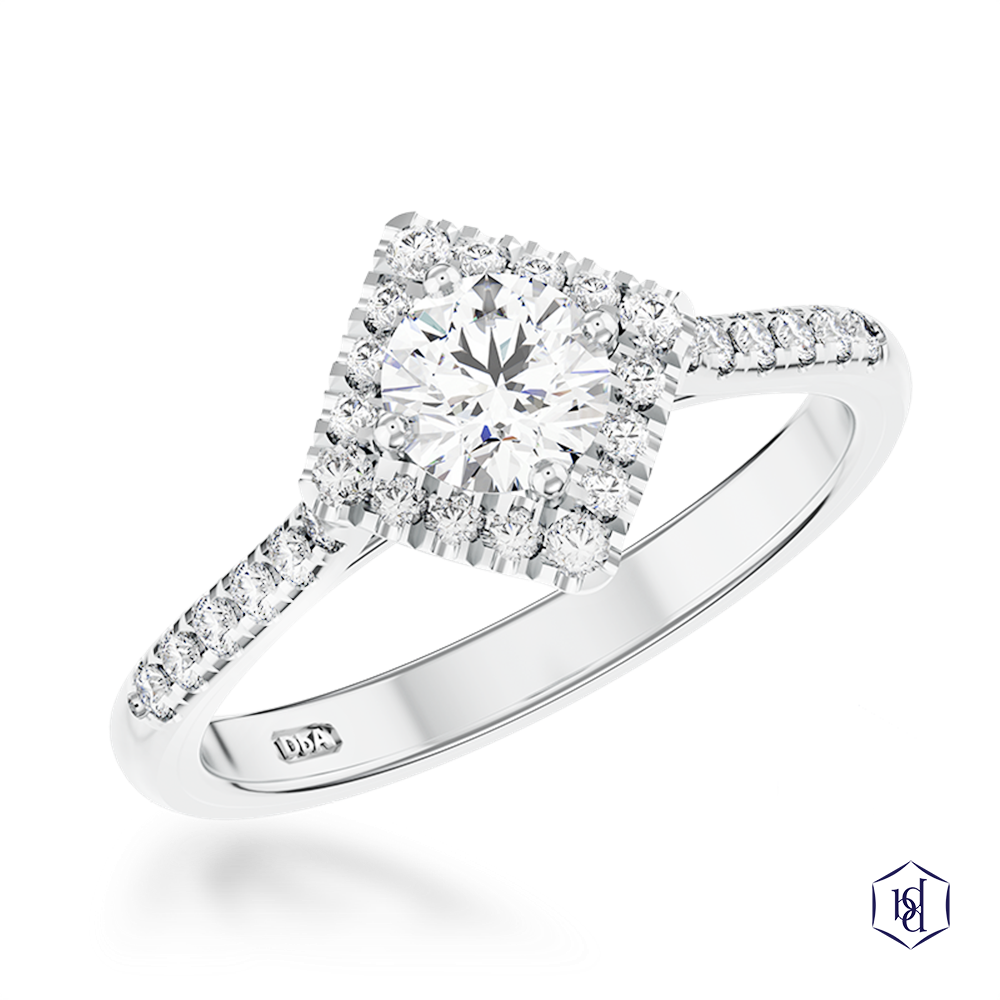 round brilliant cut diamond in a platinum cluster diamond band
