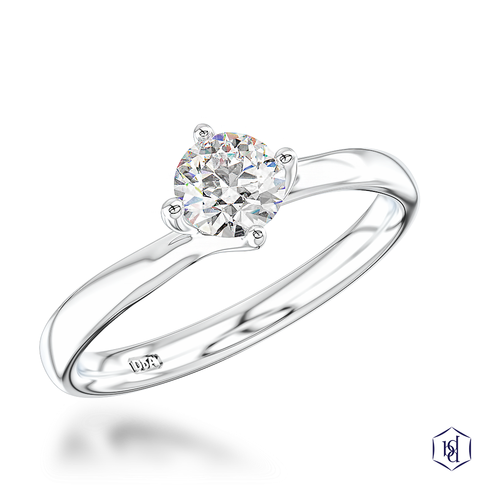 round brilliant cut diamond in a platinum solitaire plain band