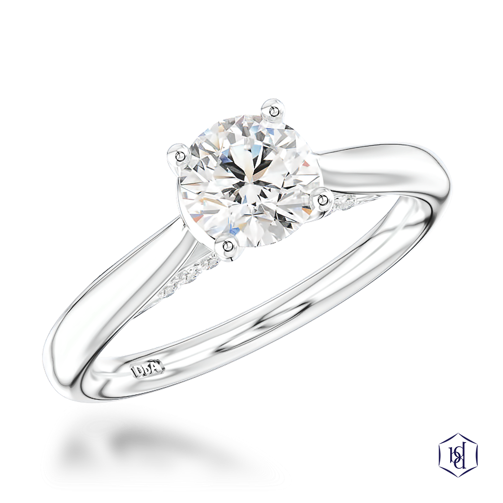 round brilliant cut diamond in a platinum solitaire plain band
