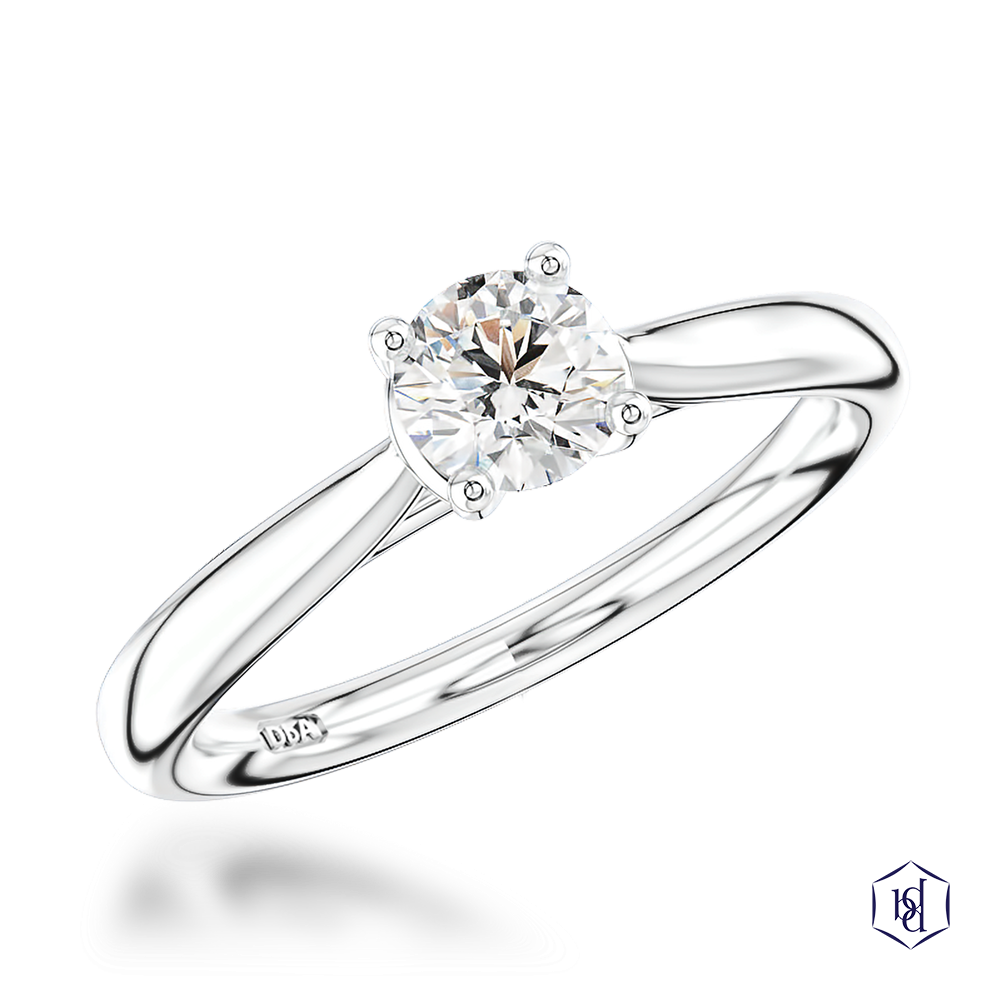 round brilliant cut diamond in a platinum solitaire plain band