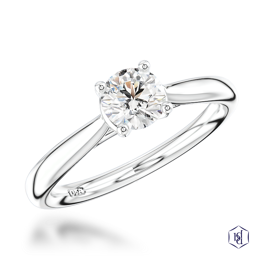 round brilliant cut diamond in a platinum solitaire plain band