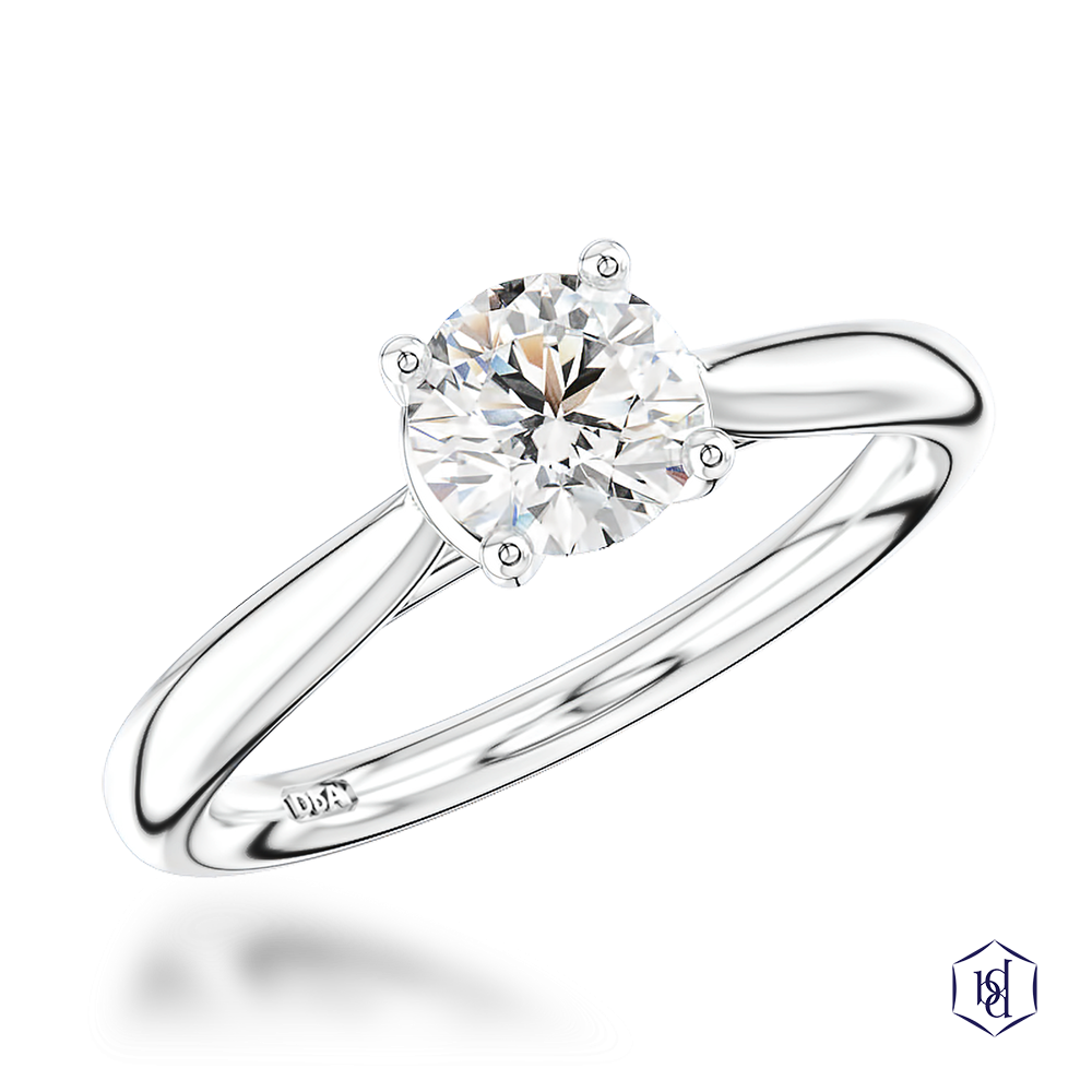 round brilliant cut diamond in a platinum solitaire plain band