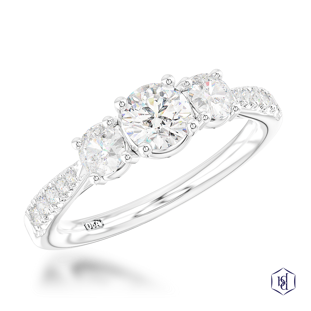 round brilliant cut diamond in a platinum three stone diamond band