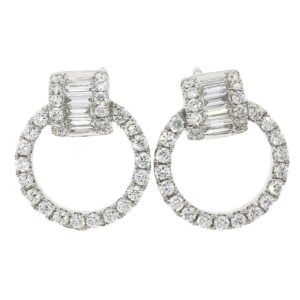 18ct white gold circular diamond stud earrings with baguette diamond top