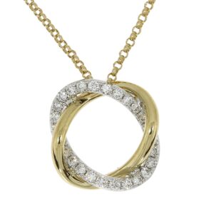 18ct yellow and white gold open twisted double loop diamond set pendant.