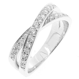 Platinum and diamond double band crossover style ring